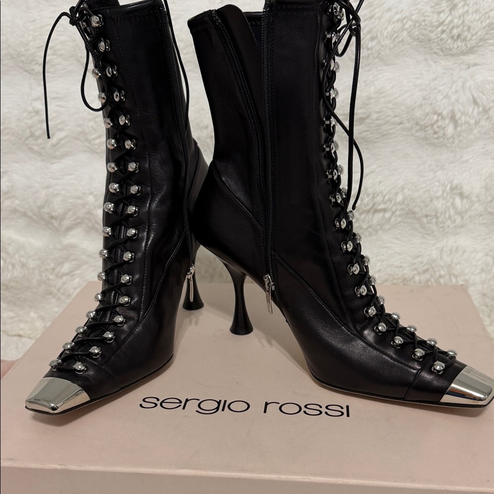 Sergio Rossi Black Lace-Up Boots with Silver Tips